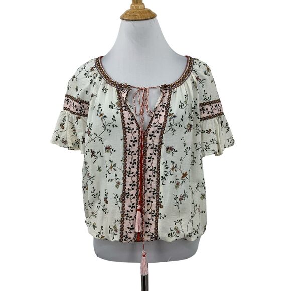 Max Studio Blouse Womens S Small Multi Boho Floral Keyhole Tassel Ruffle Sleeve - Picture 1 of 10